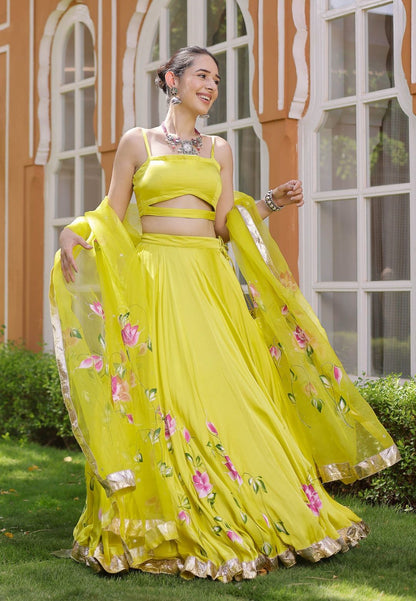 LIME YELLOW KALEENA HANDPAINTED SATIN LEHENGA SET