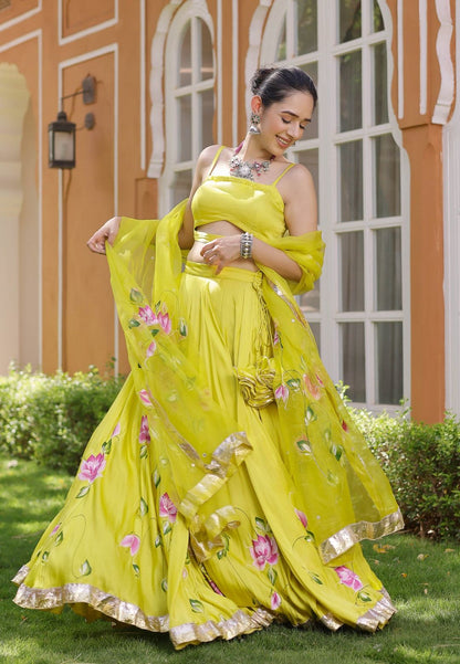 LIME YELLOW KALEENA HANDPAINTED SATIN LEHENGA SET