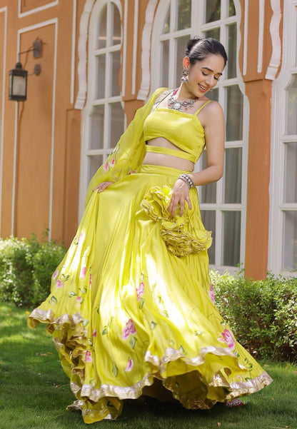 LIME YELLOW KALEENA HANDPAINTED SATIN LEHENGA SET