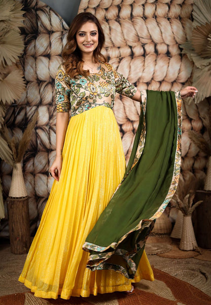 YELLOW GREEN KALAMKARI GEORGETTE ANARKALI SET