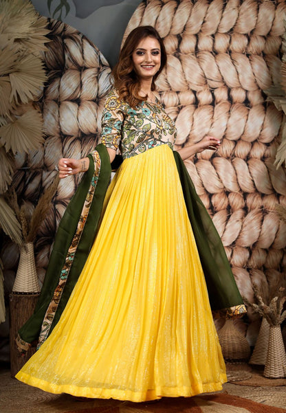 YELLOW GREEN KALAMKARI GEORGETTE ANARKALI SET