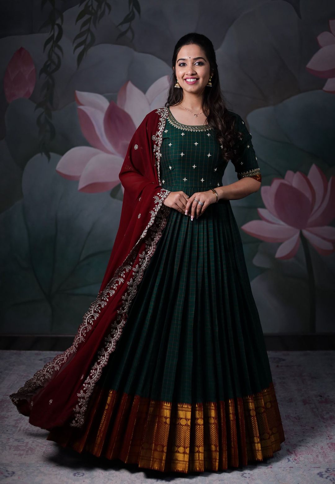 BOTTLE GREEN NARAYANPET ANARKALI SET