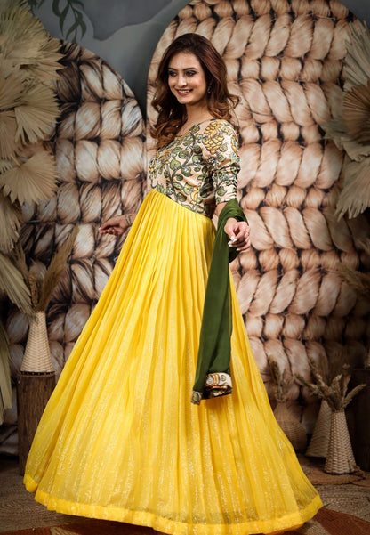 YELLOW GREEN KALAMKARI GEORGETTE ANARKALI SET