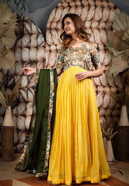 YELLOW GREEN KALAMKARI GEORGETTE ANARKALI SET