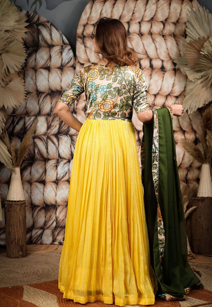 YELLOW GREEN KALAMKARI GEORGETTE ANARKALI SET