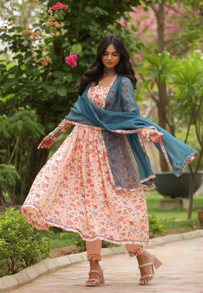 PEACH COTTON ANARKALI SUIT SET