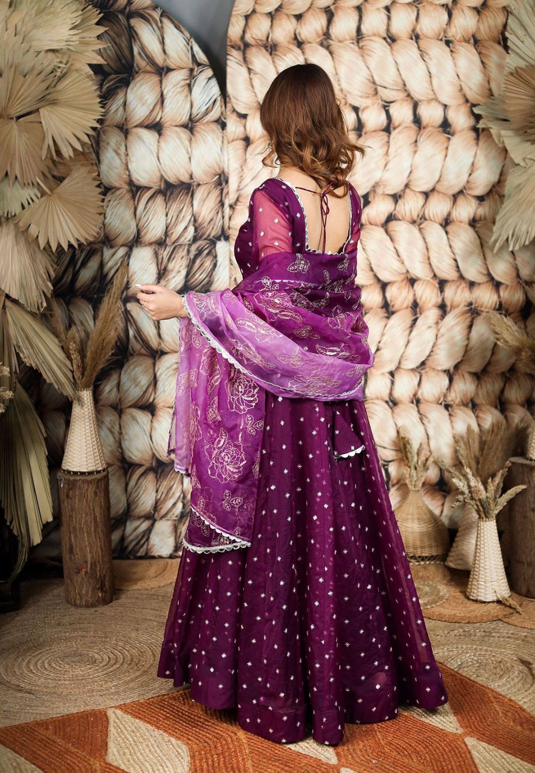 PURPLE ORGANZA MIRROR WORK ANARKALI SET