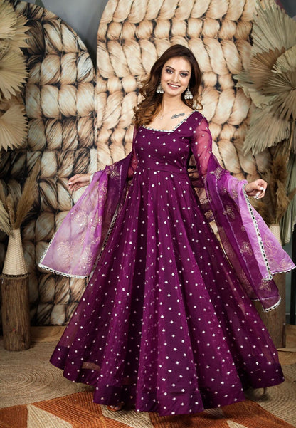PURPLE ORGANZA MIRROR WORK ANARKALI SET