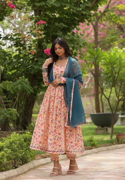 PEACH COTTON ANARKALI SUIT SET
