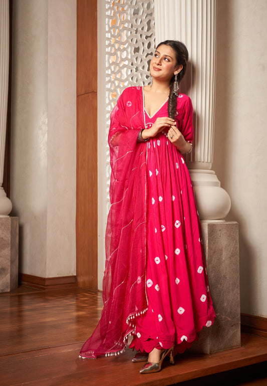 MISHIKA PINK BANDHANI SILK SUIT SET