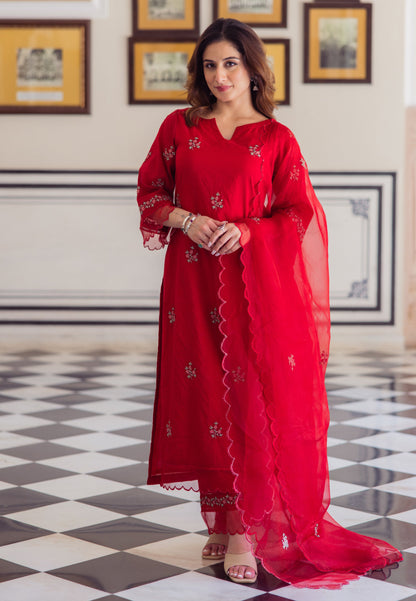RADHIKA RED EMBROIDERED CHANDERI SUIT SET
