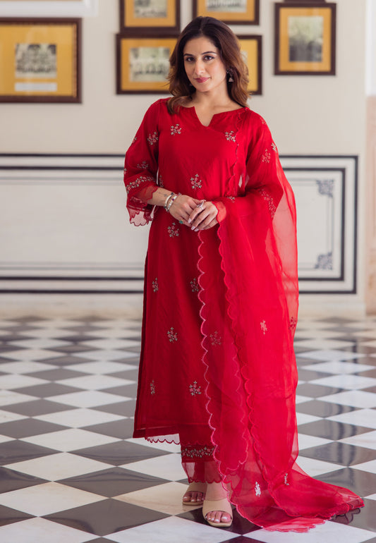RADHIKA RED EMBROIDERED CHANDERI SUIT SET