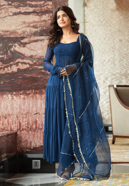 BLUE ARADHNA EMBROIDERED GEORGETTE SUIT SET