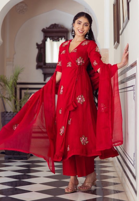 RED RUBY EMBROIDERED COTTON DORIA SUIT SET