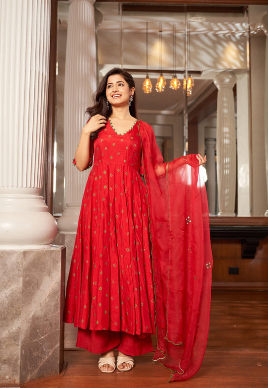 RASA RED BANDHANI SILK SUIT SET