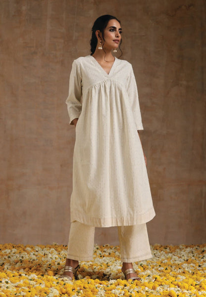 WHITE IVORY GOLD COTTON V NECK KURTA SET