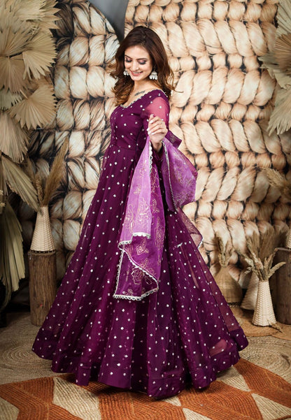 PURPLE ORGANZA MIRROR WORK ANARKALI SET