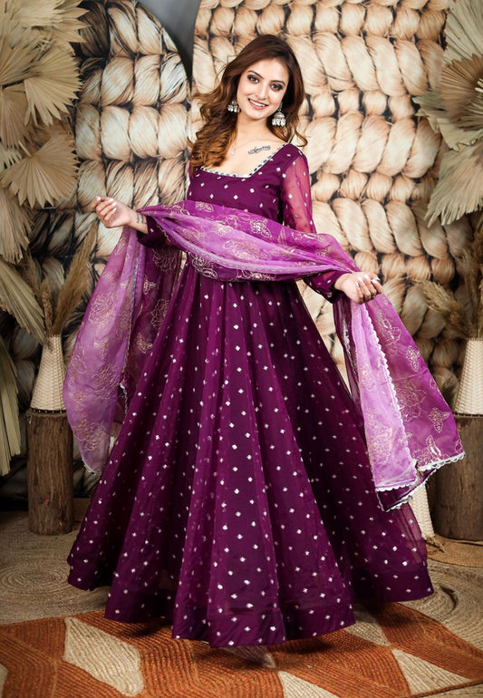 PURPLE ORGANZA MIRROR WORK ANARKALI SET