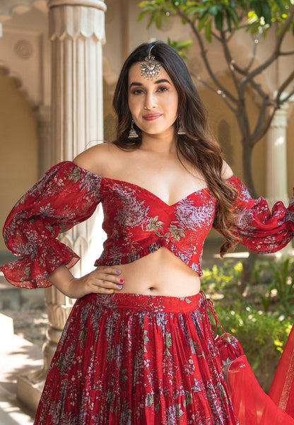 RED MAAHINA CHANDERI LEHENGA SET