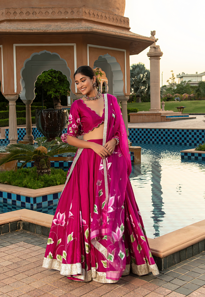 MAGENTA PINK JASMI HANDPAINTED CHANDERI LEHENGA SET