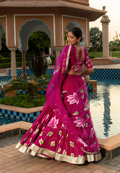 MAGENTA PINK JASMI HANDPAINTED CHANDERI LEHENGA SET