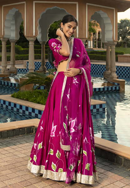 MAGENTA PINK JASMI HANDPAINTED CHANDERI LEHENGA SET