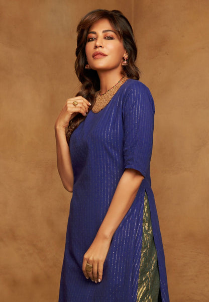 BLUE GOLD COTTON HIGH SLIT KURTA SET