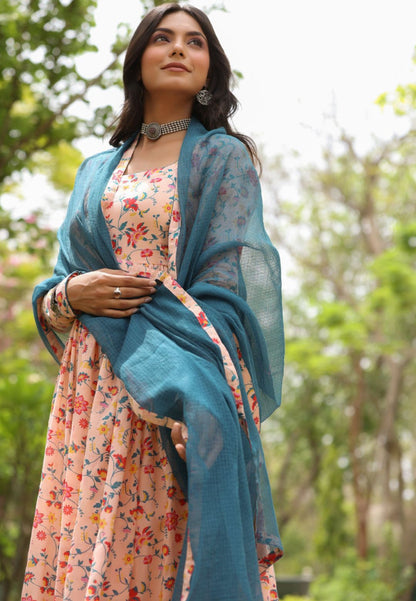 PEACH COTTON ANARKALI SUIT SET