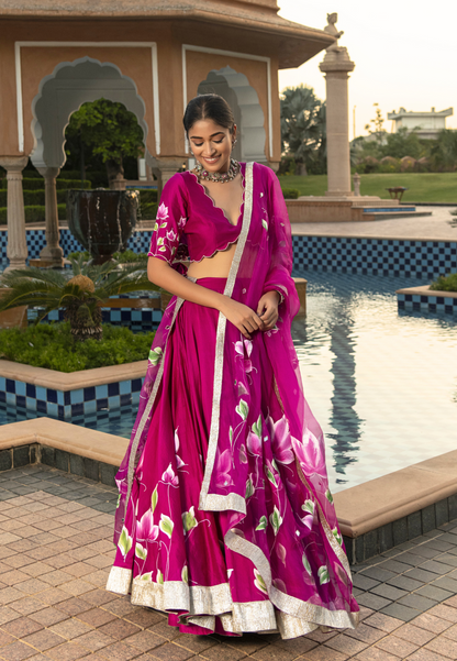 MAGENTA PINK JASMI HANDPAINTED CHANDERI LEHENGA SET