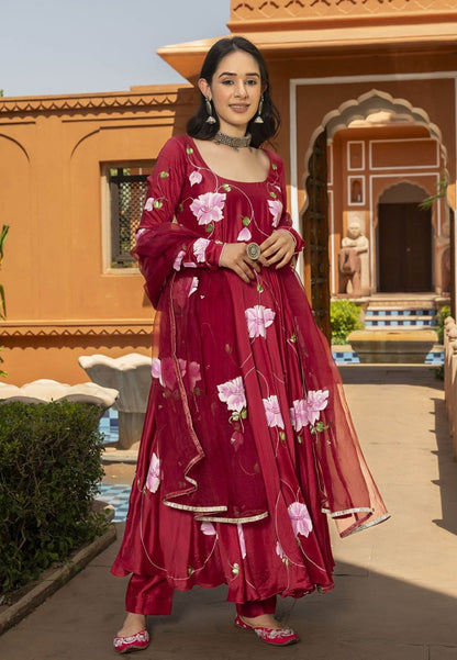 MAROON NURVI FLORAL JAAL COTTON SILK SUIT SET