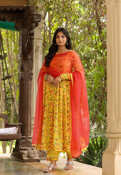 YELLOW RED COTTON ANARKALI SUIT SET