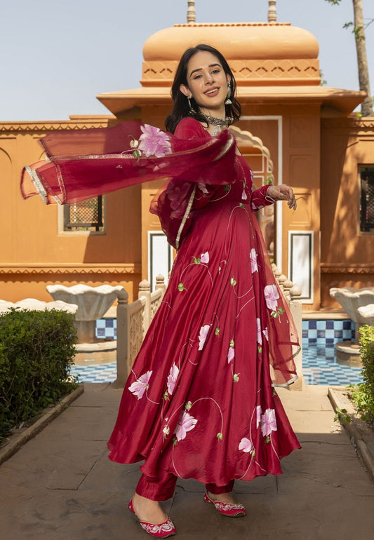 MAROON NURVI FLORAL JAAL COTTON SILK SUIT SET