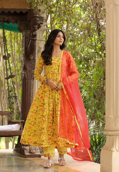 YELLOW RED COTTON ANARKALI SUIT SET