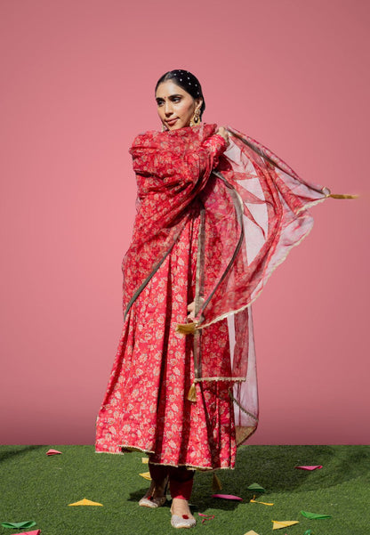 RED MEFIL ANARKALI COTTON SILKSUIT SET