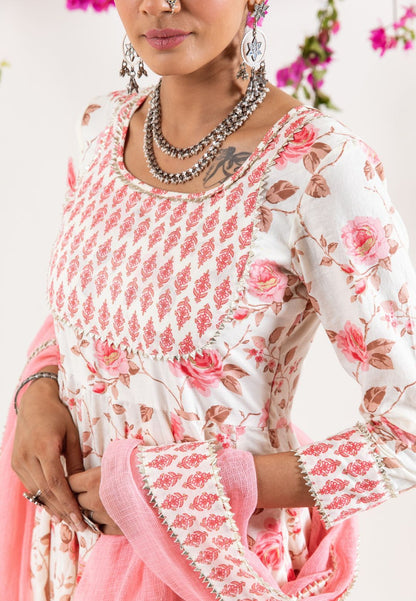 WHITE PINK HANDBLOCK COTTON ANARKALI SUIT SET