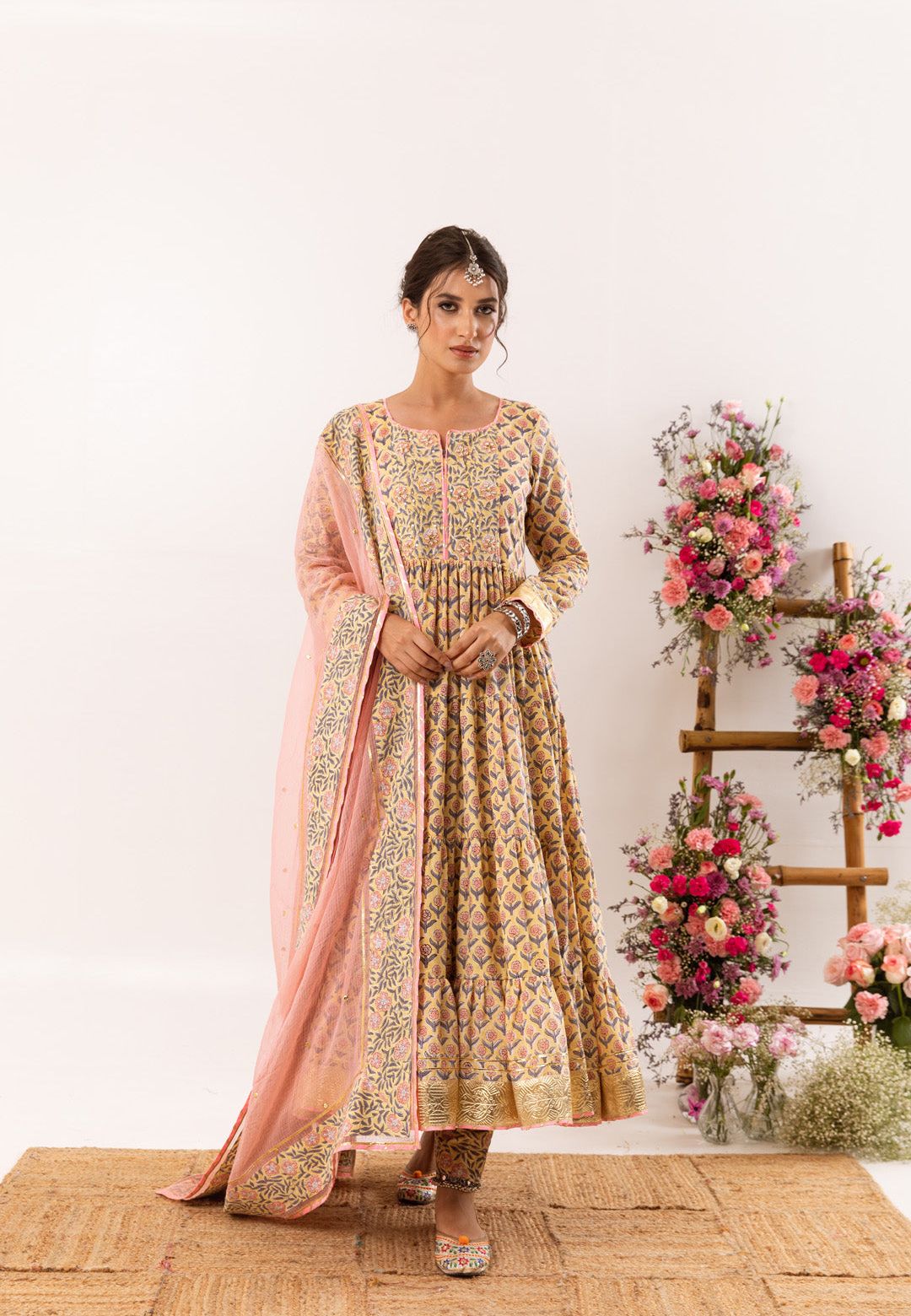 YELLOW PEACH MEFIL ANARKALI COTTON SUIT SET