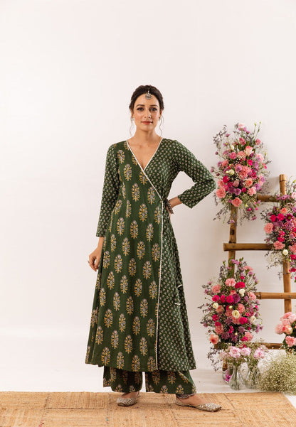 BOTTLE GREEN ANGRAKHA KURTA SET