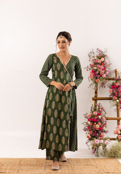 BOTTLE GREEN ANGRAKHA KURTA SET