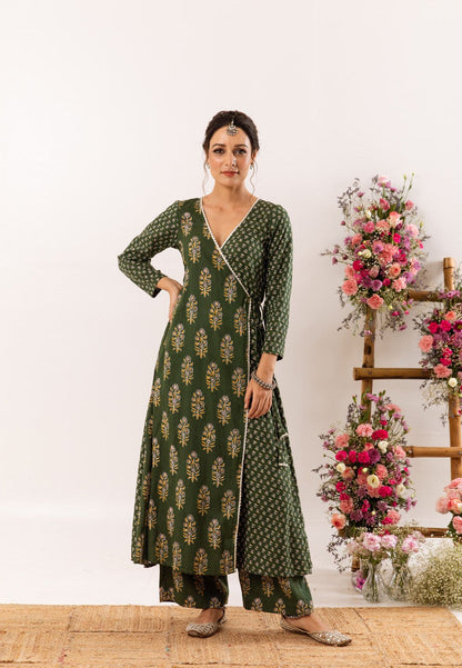 BOTTLE GREEN ANGRAKHA KURTA SET