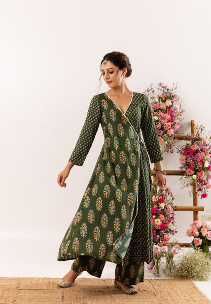 BOTTLE GREEN ANGRAKHA KURTA SET