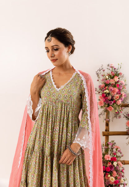 LIGHT GREEN ORGANZA LACE COTTON SUIT SET