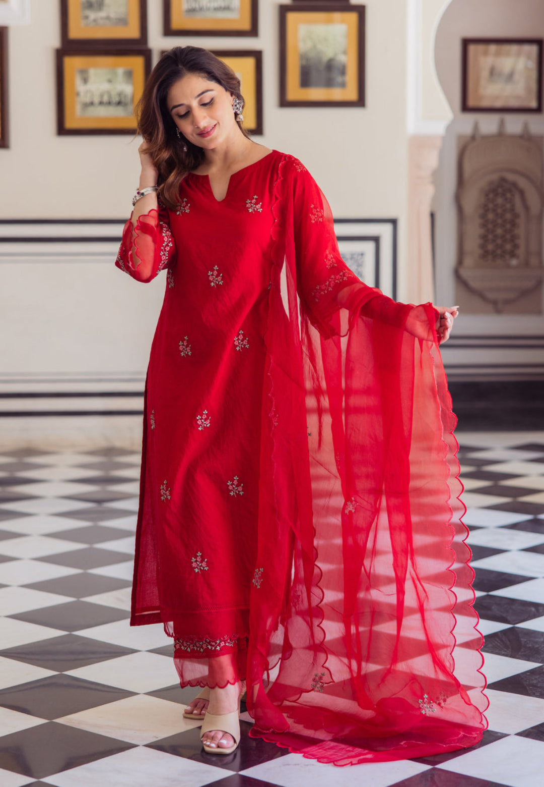 RADHIKA RED EMBROIDERED CHANDERI SUIT SET