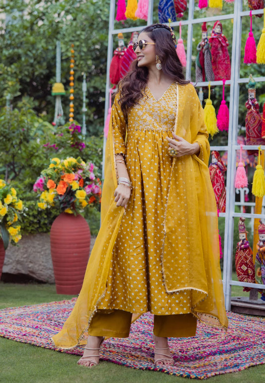 YELLOW PAVITRA BANDHANI CHANDERI SUIT SET