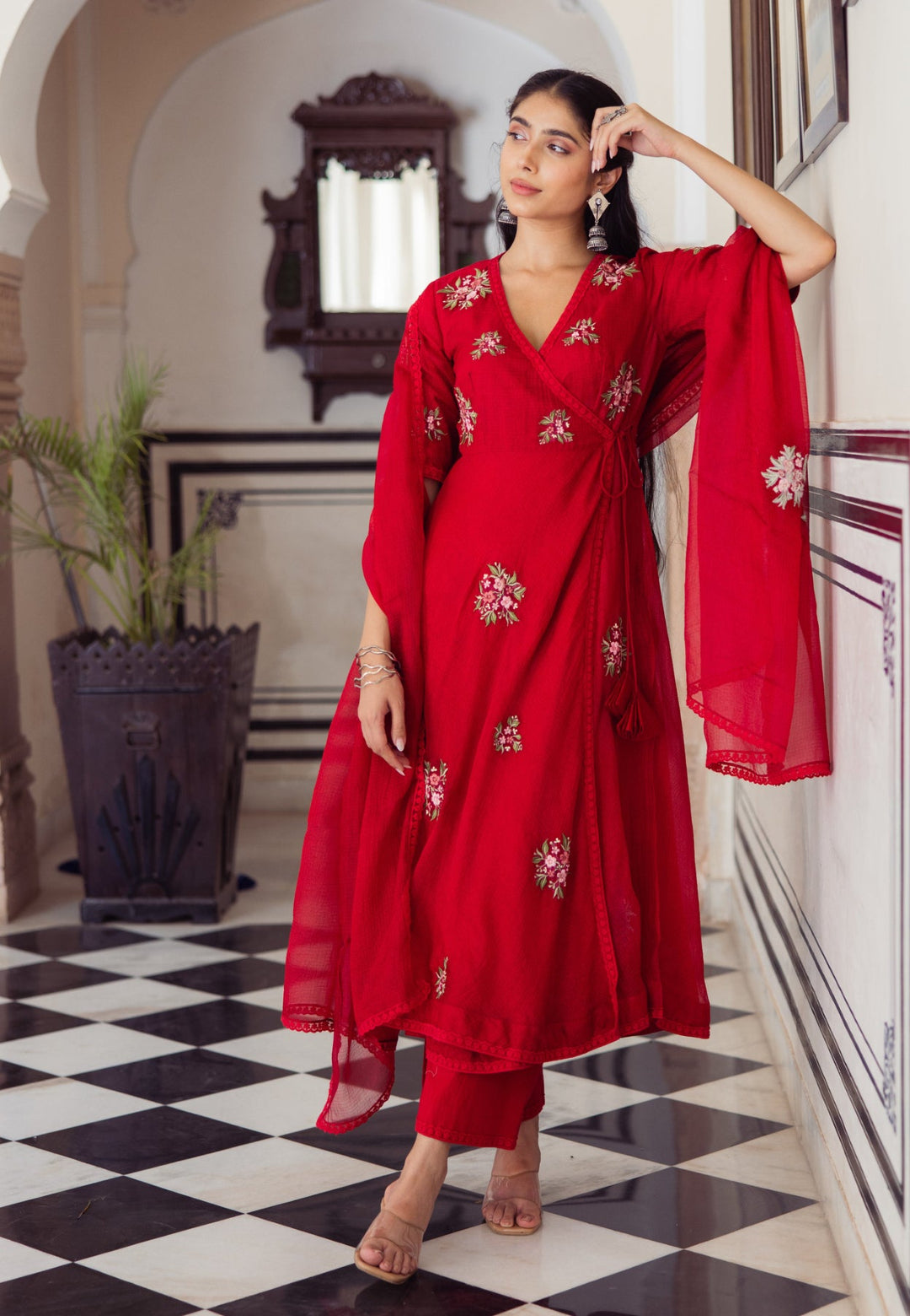 RED RUBY EMBROIDERED COTTON DORIA SUIT SET