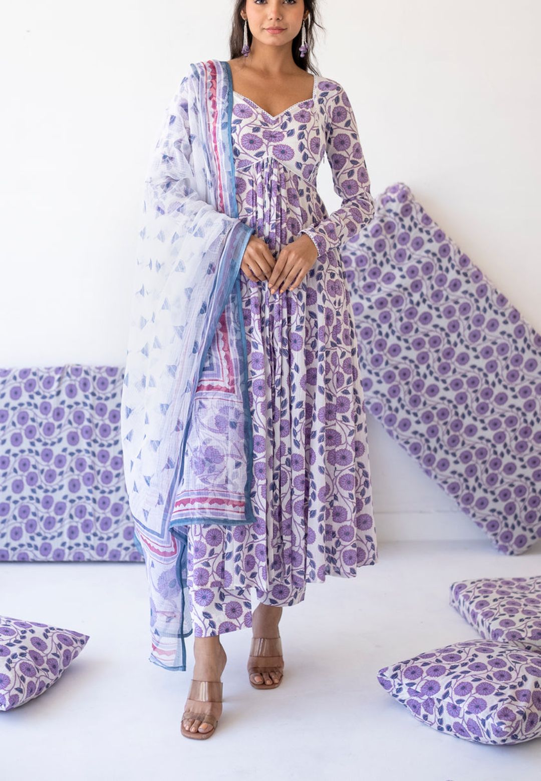 PURPLE WHITE COTTON ANARKALI SUIT SET