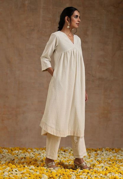 WHITE IVORY GOLD COTTON V NECK KURTA SET