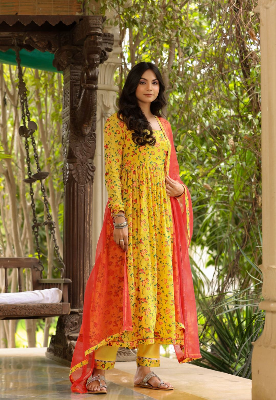YELLOW RED COTTON ANARKALI SUIT SET