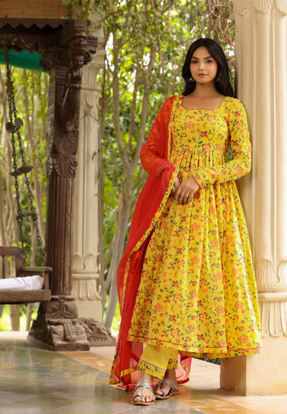 YELLOW RED COTTON ANARKALI SUIT SET