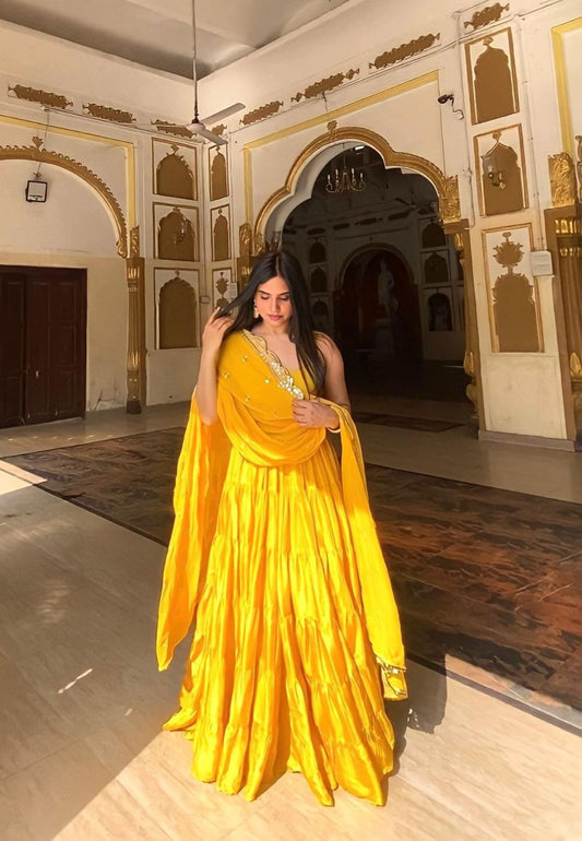 YELLOW SILK TIERED ANARKALI SET