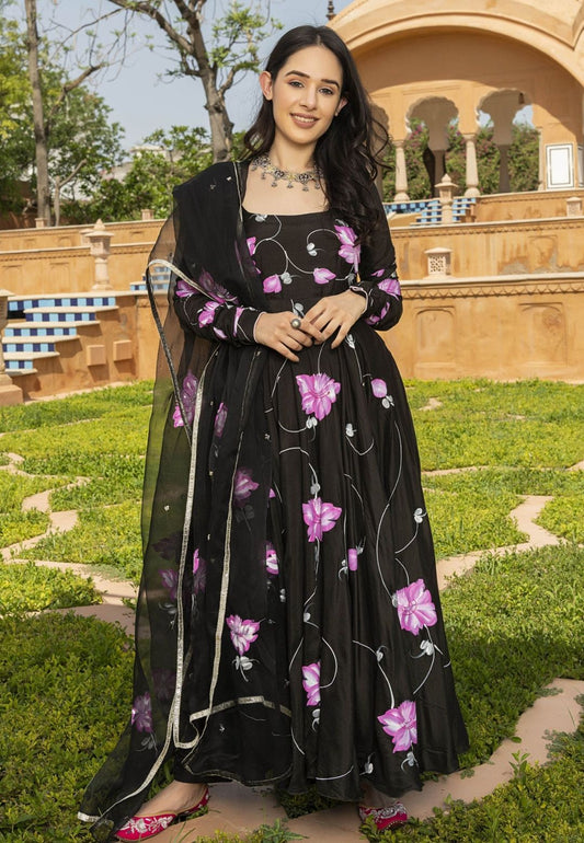 BLACK NEEA FLORAL JAAL COTTON SILK SUIT SET